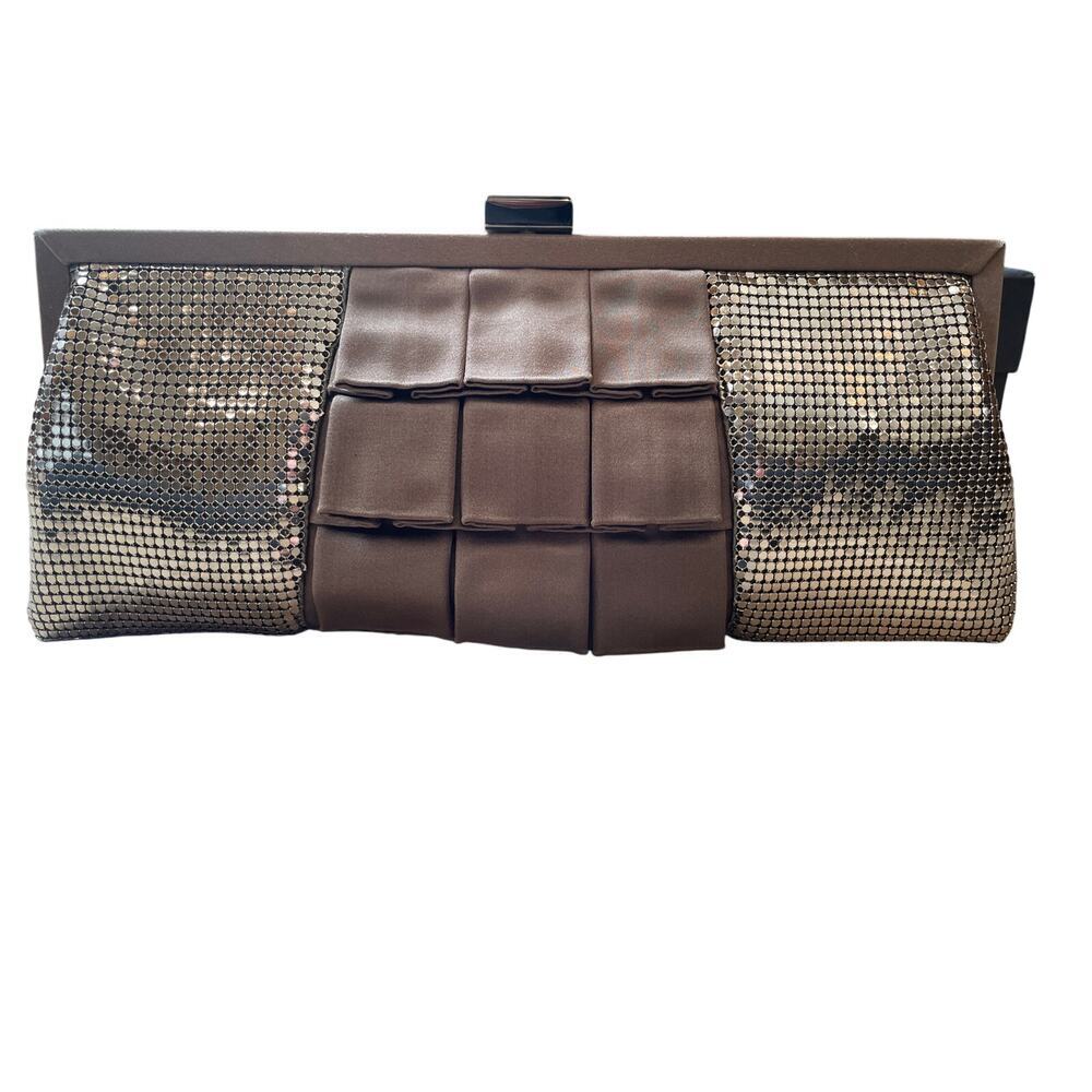 Whiting & Davis Pewter Mesh and Brown Satin Ruffles Clutch with Strap. EUC.